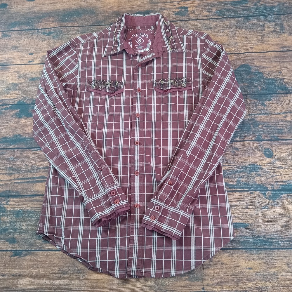 Guess Pearl Snap Embroidered Men's Small Brown Check Long Sleeve Shirt